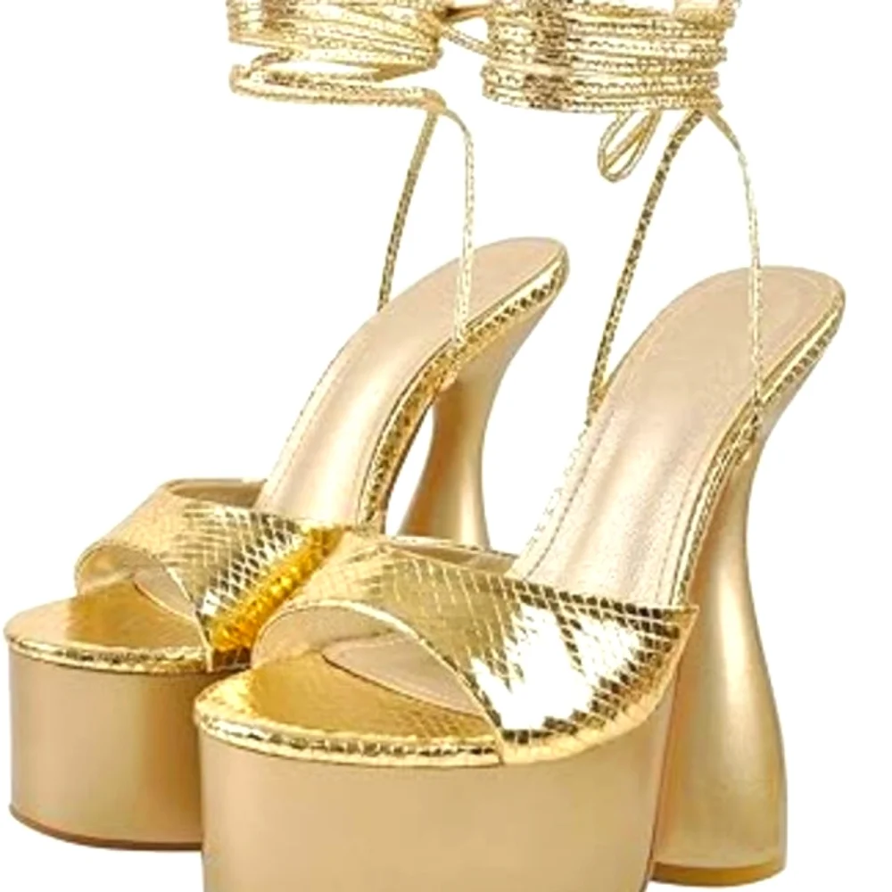 MissHeel Lace Up Open Toe Platform High Heel Sandals Chunky Block Fantas…